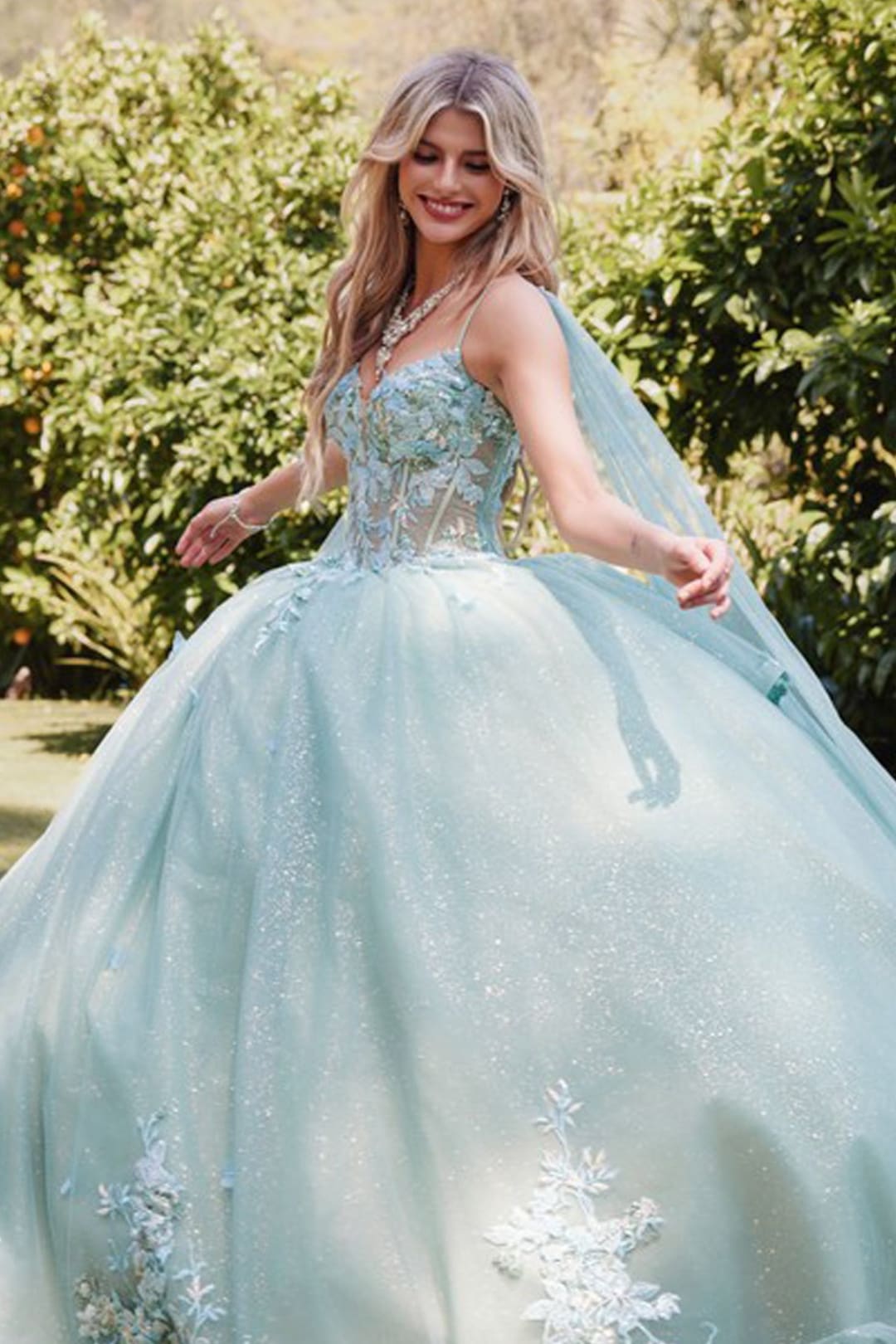 Applique Cape Sleeve Tiered Ball Gown by Juliet JT1466H - Quinceanera Dresses