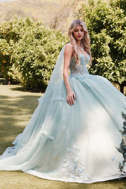 Applique Cape Sleeve Tiered Ball Gown by Juliet JT1466H - Quinceanera Dresses