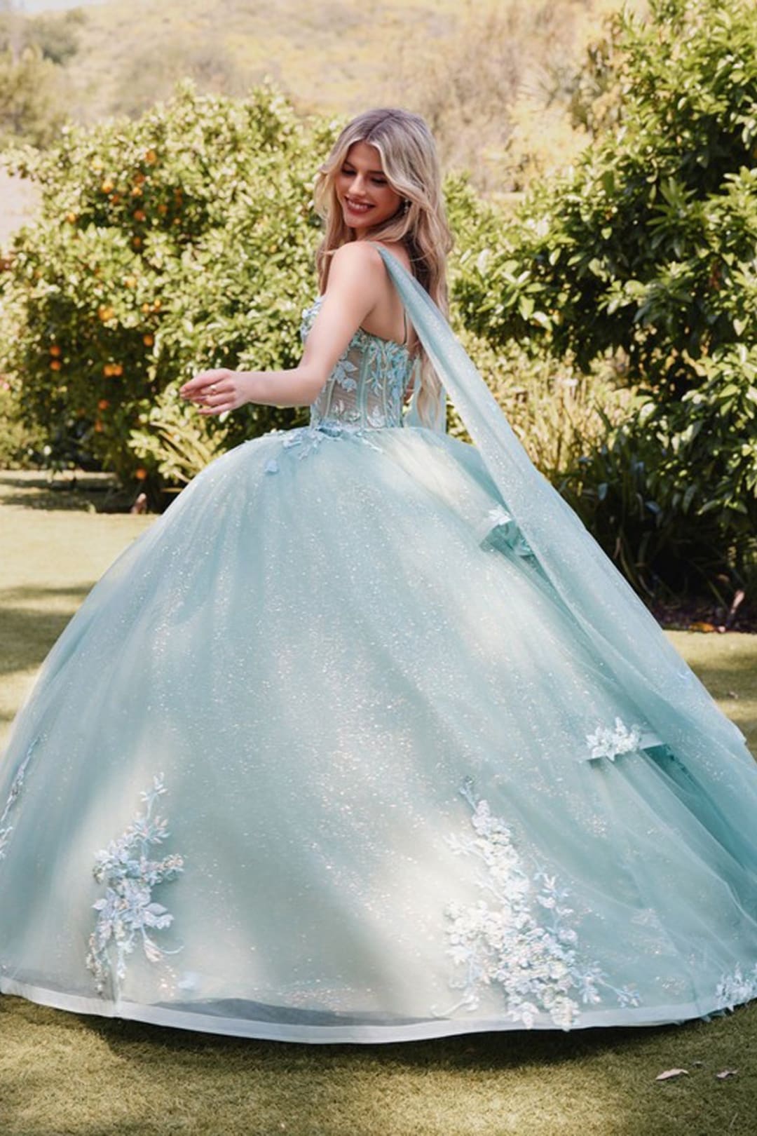 Applique Cape Sleeve Tiered Ball Gown by Juliet JT1466H - Quinceanera Dresses