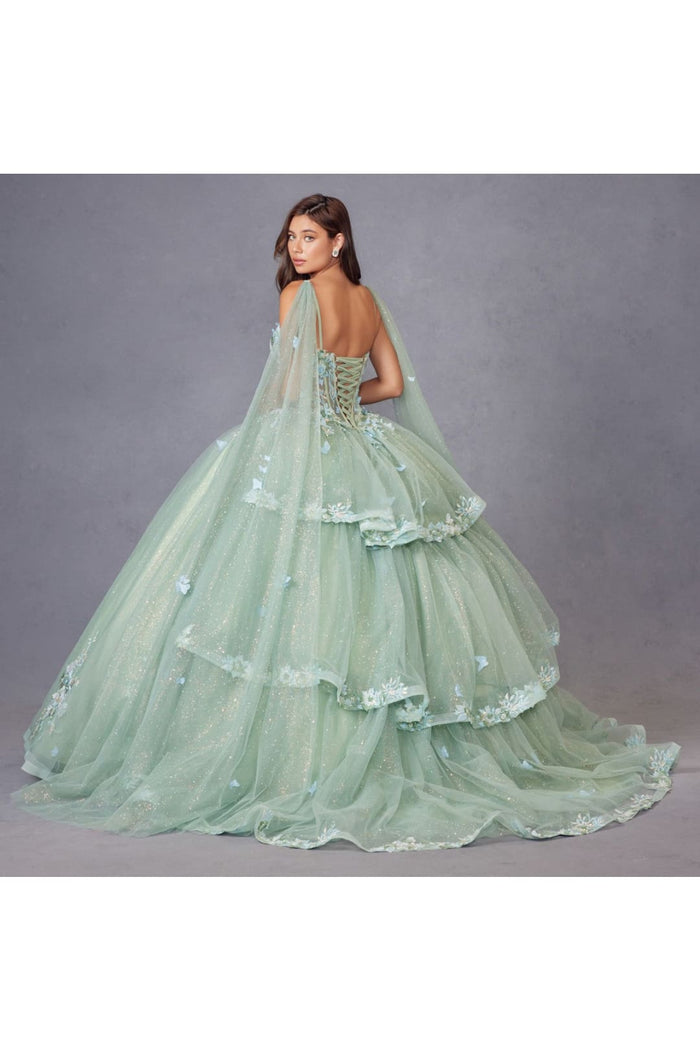 Applique Cape Sleeve Tiered Ball Gown by Juliet JT1466H