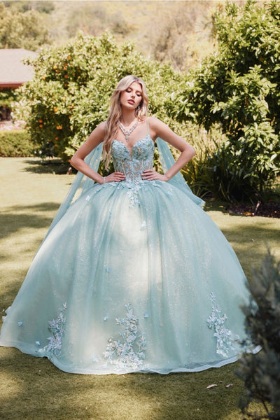 Applique Cape Sleeve Tiered Ball Gown by Juliet JT1466H - Sage Green / 4 - Quinceanera Dresses
