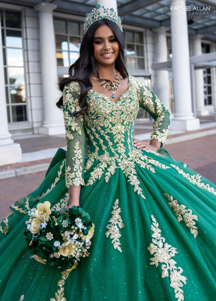 Rachel Allan RQ1137 Applique Long Sleeve Quinceanera Dress