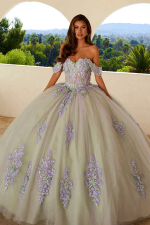 Applique Off Shoulder Ball Gown by Juliet JT1479J - Lilac/Sage / 2 - Quinceanera Dresses