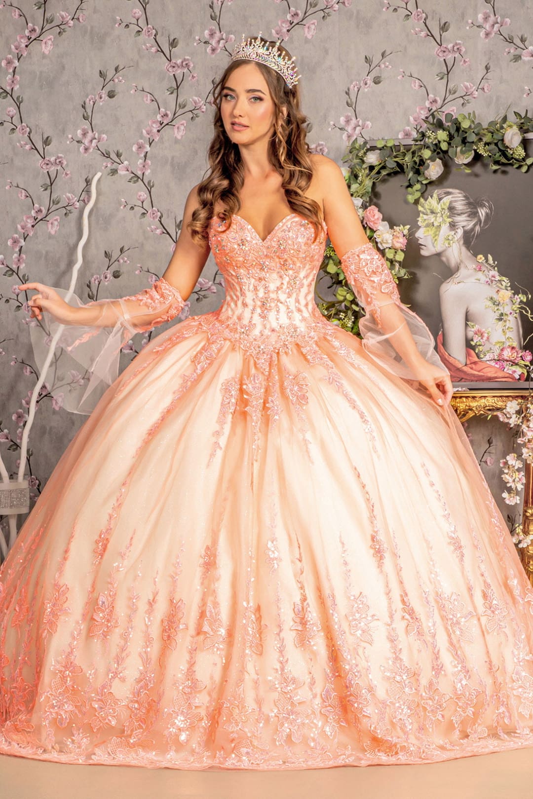 Applique Strapless Bell Sleeve Ball Gown by GLS Gloria GL3235 - XS / Orange/Champagne - Quinceanera Dresses