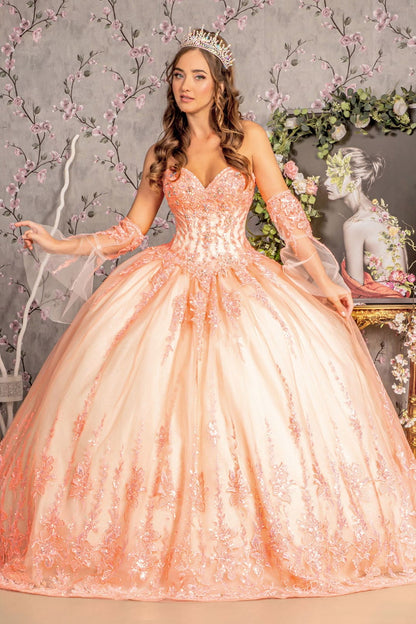 Applique Strapless Bell Sleeve Ball Gown by GLS Gloria GL3235 - XS / Orange/Champagne - Quinceanera Dresses