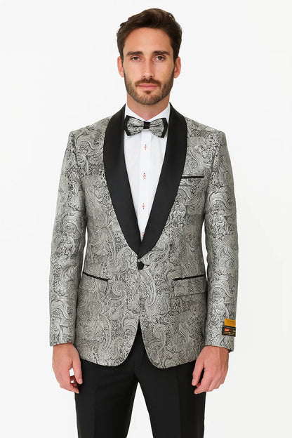 Mens Formal Silver Paisley Shawl Dinner Jacket