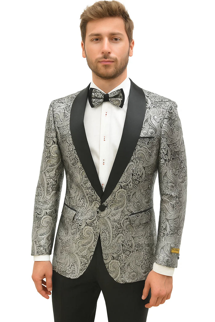 Mens Formal Silver Paisley Shawl Dinner Jacket