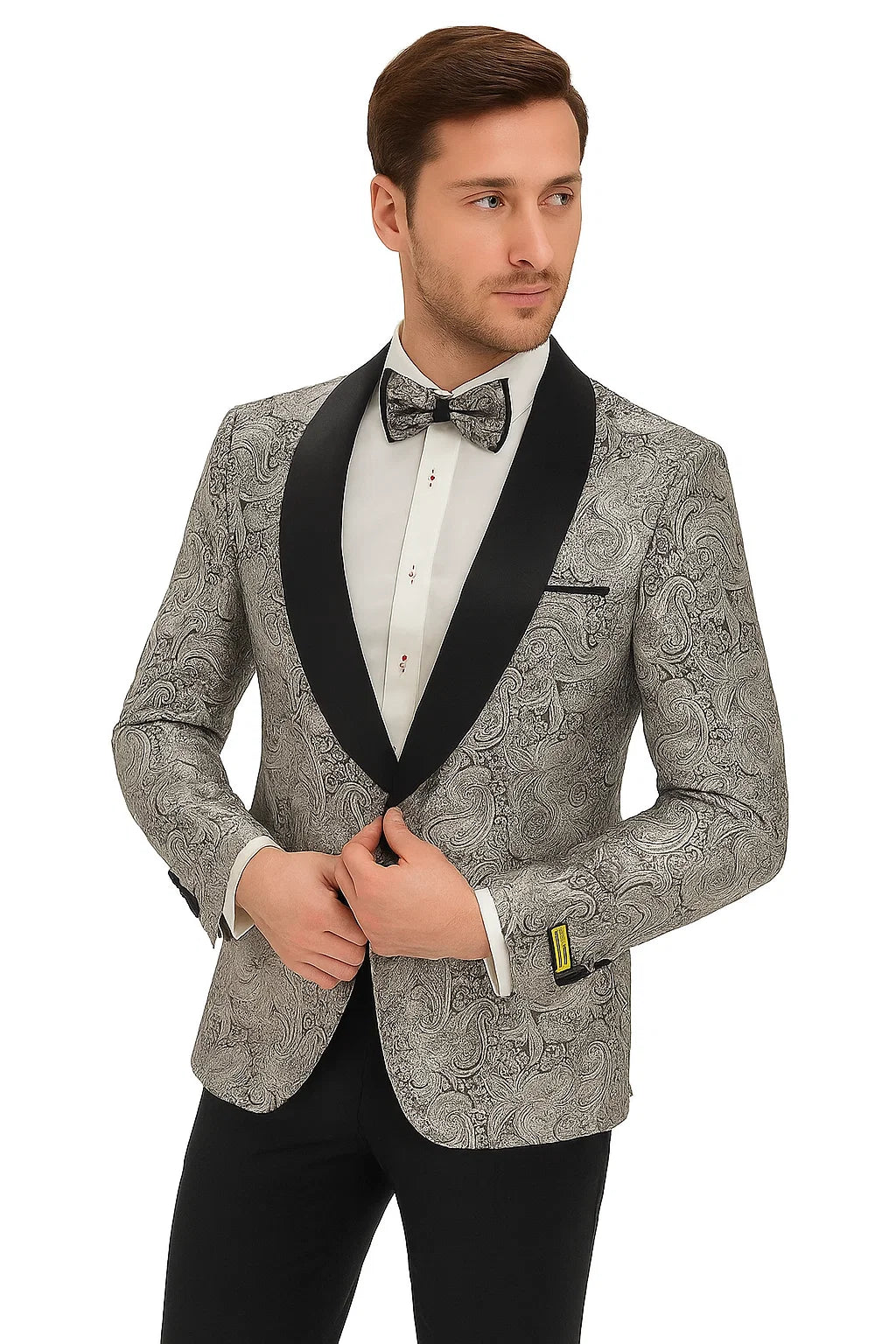 Mens Formal Silver Paisley Shawl Dinner Jacket