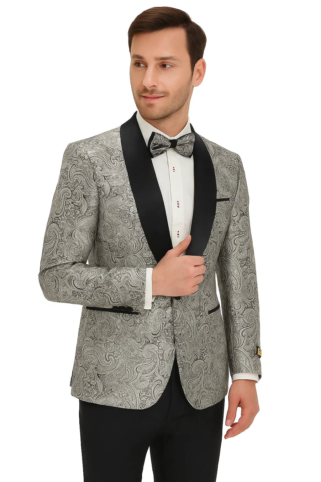 Mens Formal Silver Paisley Shawl Dinner Jacket