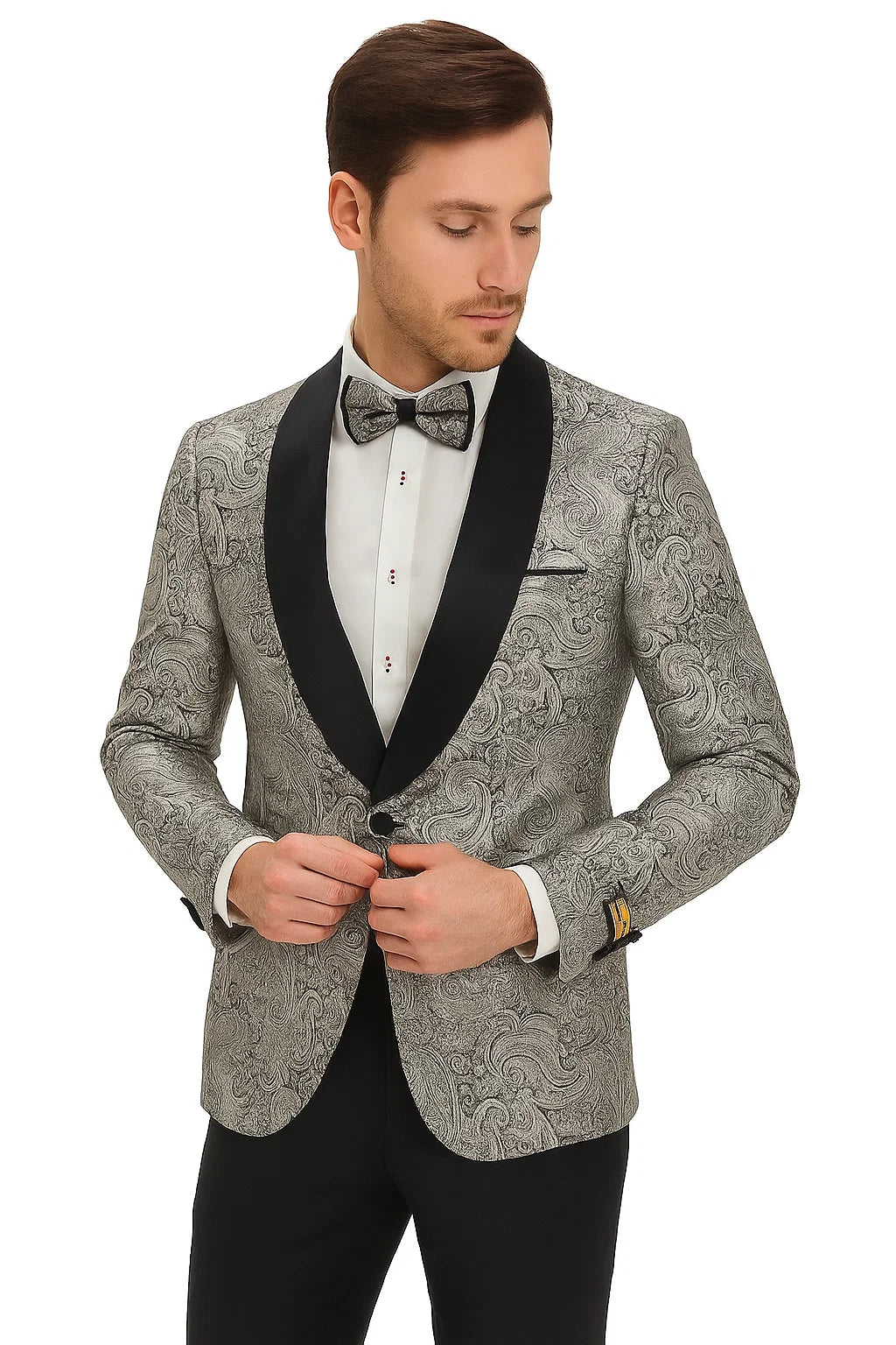 Mens Formal Silver Paisley Shawl Dinner Jacket