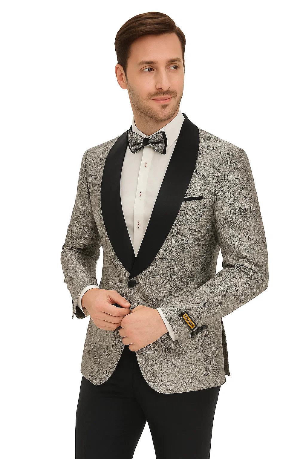 Mens Formal Silver Paisley Shawl Dinner Jacket