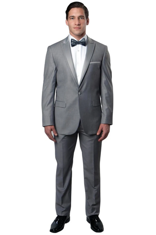 Mens Gray Tuxedo - Grey Wedding Suit-Mens  Skinny Fit  One Button Satin Trim Peak Lapel Prom & Wedding Tuxedo  In Grey