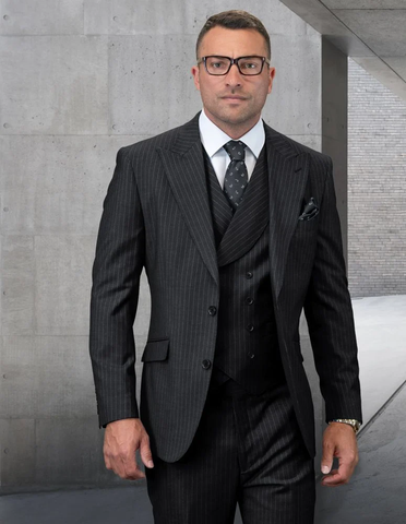 Mens Gangster Pinstripe 2 Button Double Breasted Vest Suit in Grey
