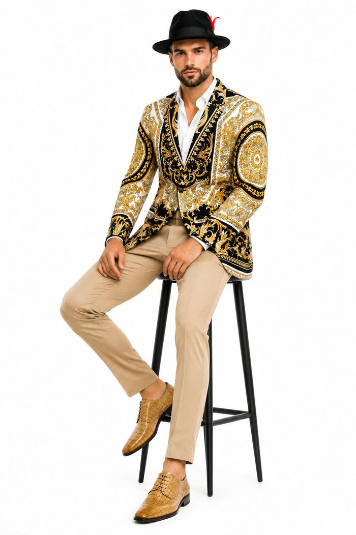 Men's Black and Gold Baroque Blazer with Matching Pants, Hat, and Shoes - Luxury Party and Wedding Outfit Set