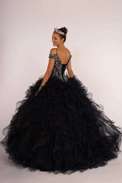 Beaded Cold Shoulder Ball Gown with Ruffled Skirt by Elizabeth K GL2516 - Quinceanera Dresses