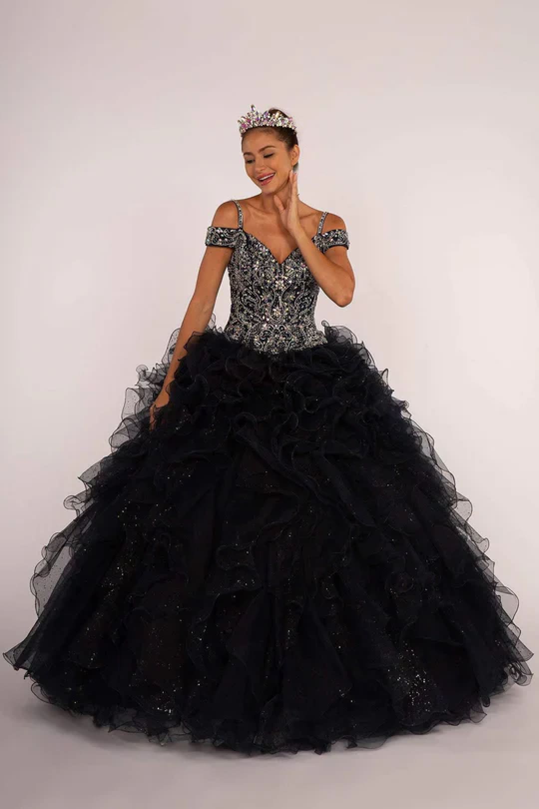 Beaded Cold Shoulder Ball Gown with Ruffled Skirt by Elizabeth K GL2516 - Quinceanera Dresses