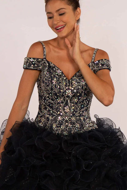Beaded Cold Shoulder Ball Gown with Ruffled Skirt by Elizabeth K GL2516 - S / Navy - Quinceanera Dresses