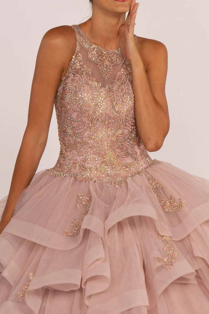 Beaded Illusion Ball Gown With Layered Skirt by Elizabeth K GL2513