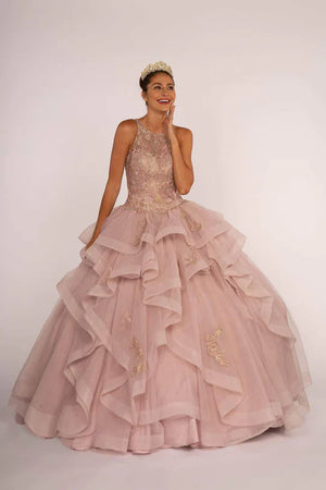 Beaded Illusion Ball Gown with Layered Skirt by Elizabeth K GL2513 - XS / Mauve - Quinceanera Dresses