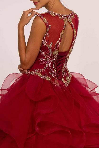Beaded Illusion Ball Gown with Ruffled Skirt by Elizabeth K GL2511 - Quinceanera Dresses