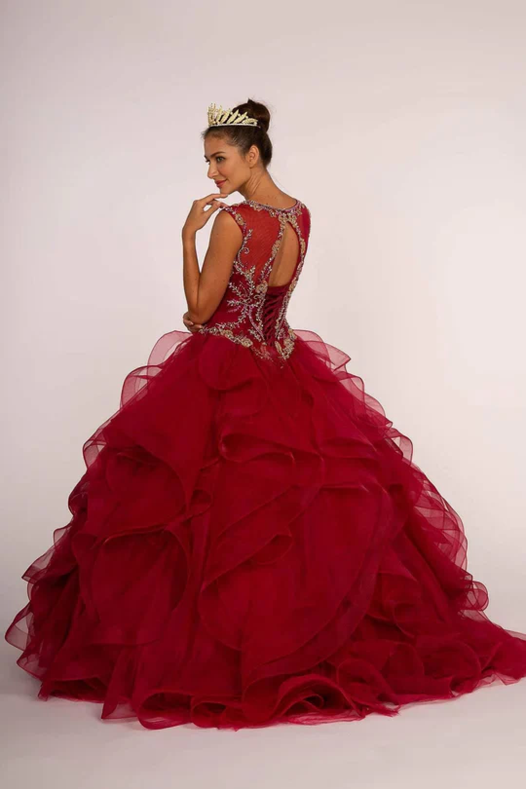 Beaded Illusion Ball Gown with Ruffled Skirt by Elizabeth K GL2511 - Quinceanera Dresses