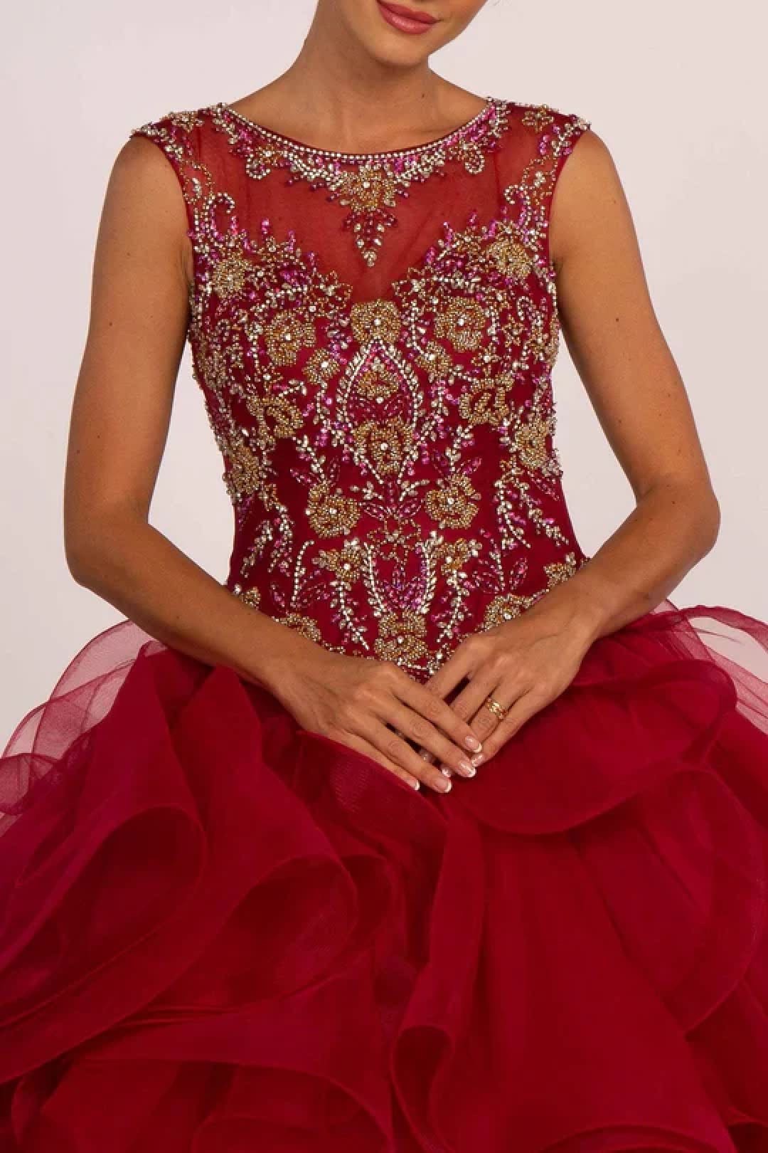 Beaded Illusion Ball Gown with Ruffled Skirt by Elizabeth K GL2511 - Quinceanera Dresses
