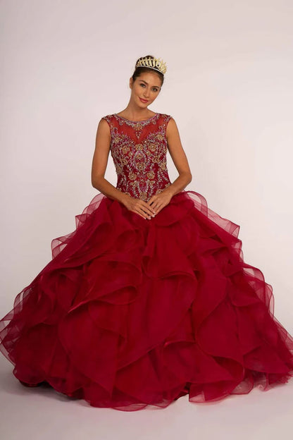 Beaded Illusion Ball Gown with Ruffled Skirt by Elizabeth K GL2511 - S / Burgundy - Quinceanera Dresses