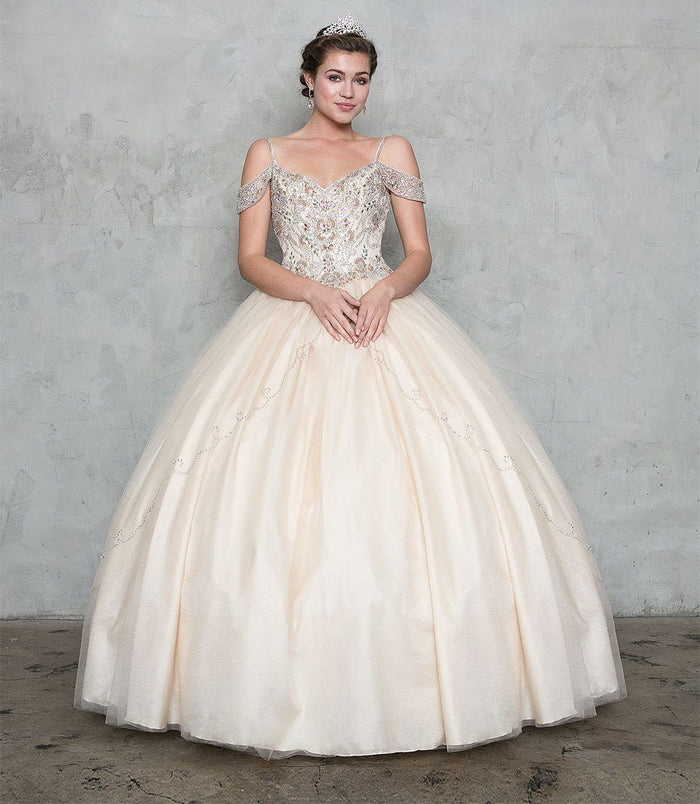 Beaded Long Cold Shoulder Dress with A-Line Skirt: Calla KY78011