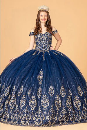 Beaded Off Shoulder Ball Gown by Elizabeth K GL3079 - XS / Navy - Quinceanera Dresses