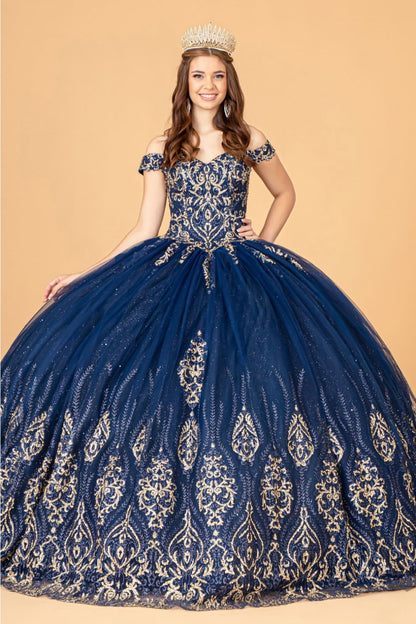 Beaded Off Shoulder Ball Gown by Elizabeth K GL3079 - XS / Navy - Quinceanera Dresses