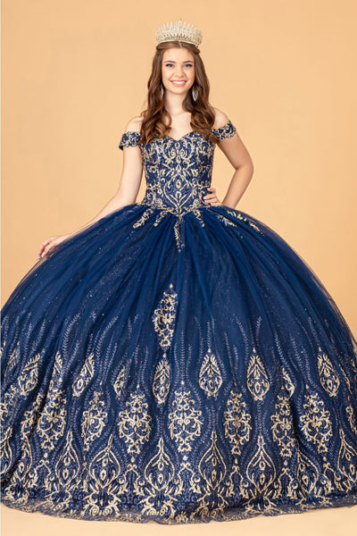 Beaded Off Shoulder Ball Gown by Elizabeth K GL3079 - XS / Navy - Quinceanera Dresses