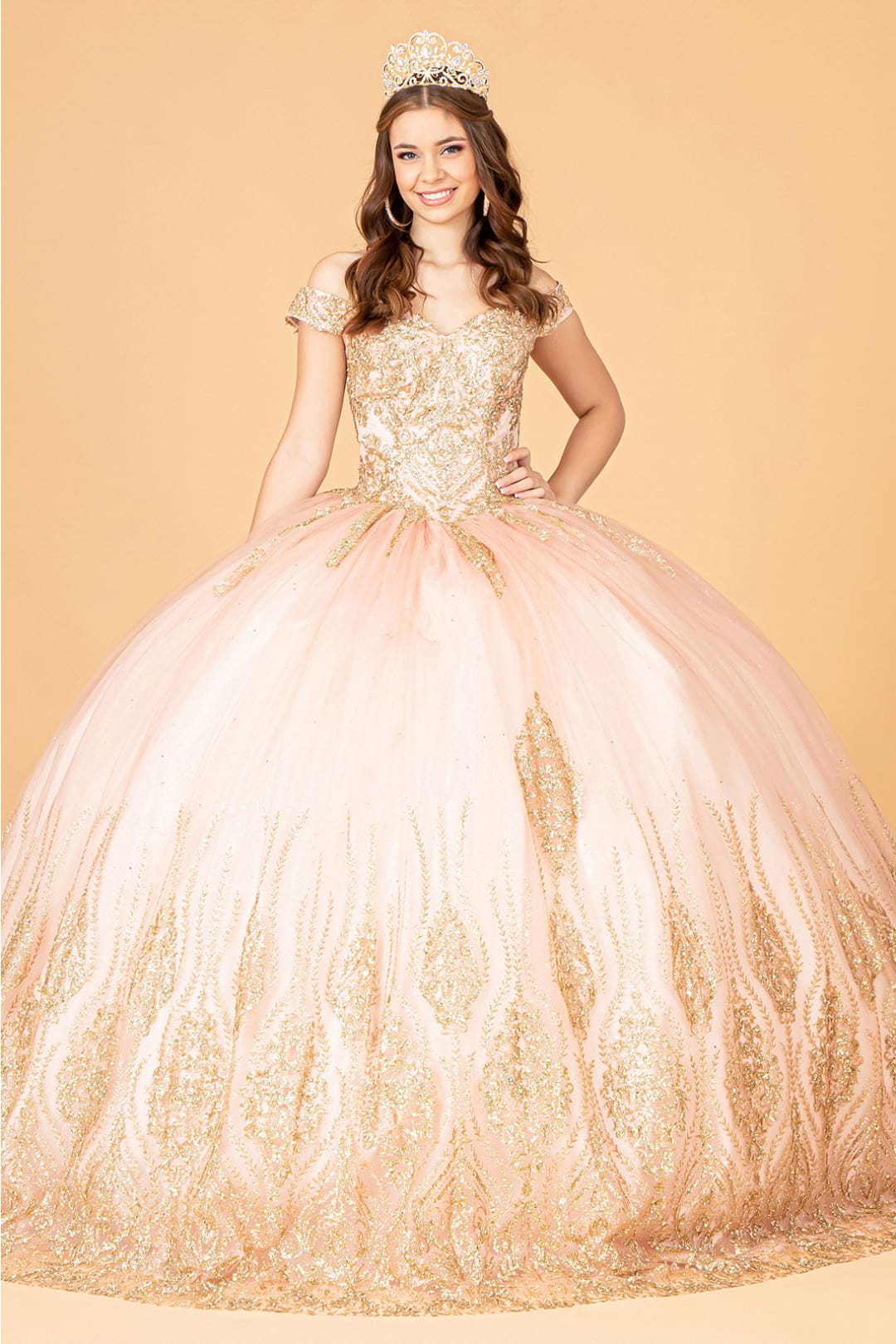 Beaded Off Shoulder Ball Gown by Elizabeth K GL3079 - XS / Rose Gold - Quinceanera Dresses