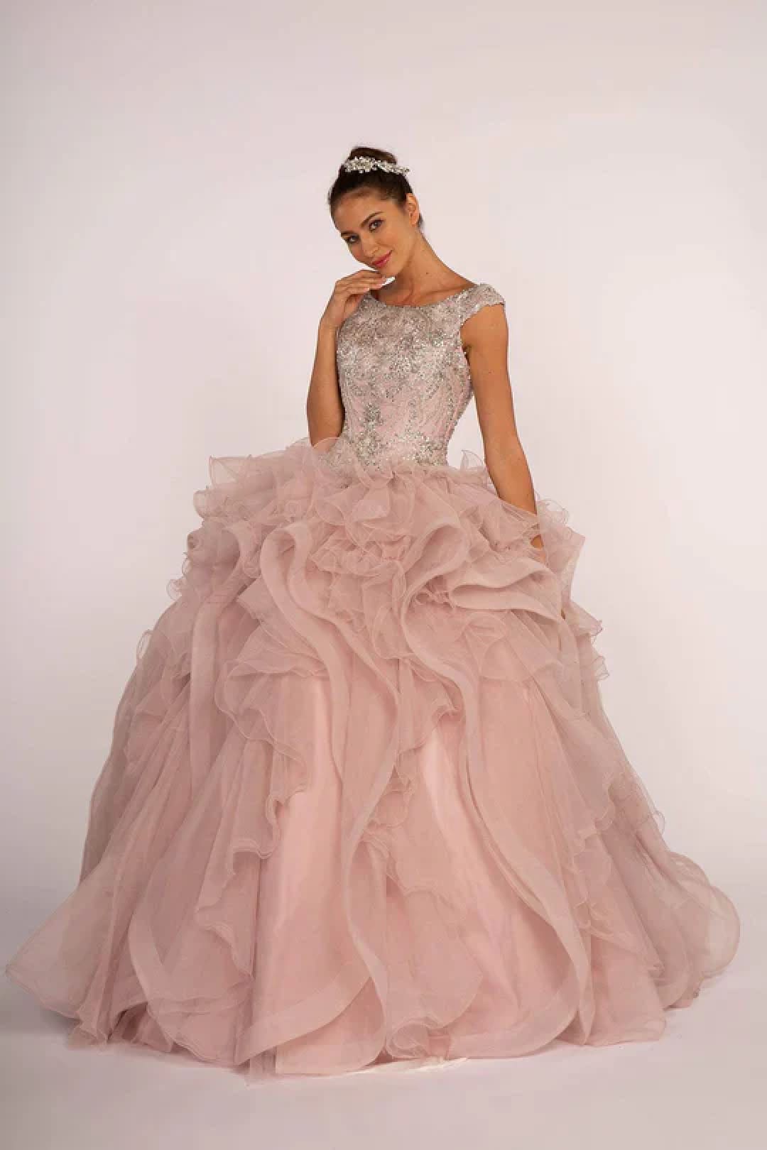 Beaded Sleeveless Ball Gown with Ruffled Skirt by Elizabeth K GL2514 - XS / Mauve - Quinceanera Dresses