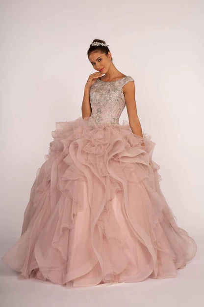 Beaded Sleeveless Ball Gown with Ruffled Skirt by Elizabeth K GL2514 - XS / Mauve - Quinceanera Dresses