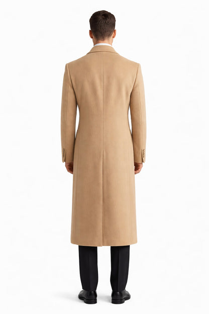 Men's Wool And Cashmere Double Breasted Long Overcoat Beige ~ Camel Three Quarter Winter Men's Topcoat Sale