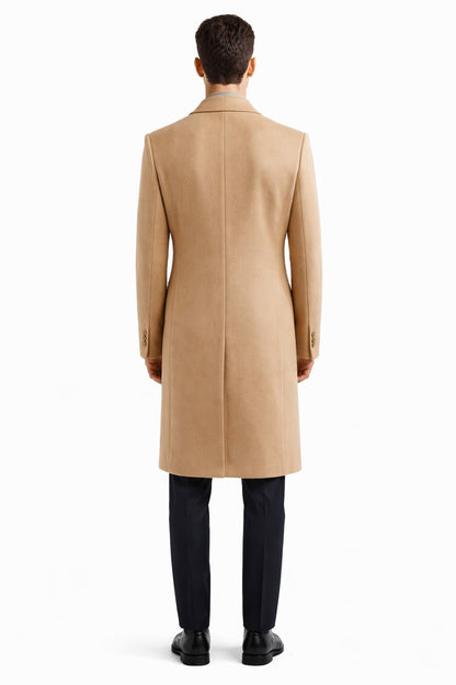 Men's Wool And Cashmere Double Breasted Long Overcoat Beige ~ Camel Three Quarter Winter Men's Topcoat Sale