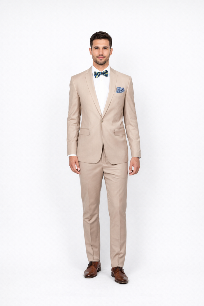 Beige Slim Fit Suit for Men by Rossiman Rossi ?? Tailored Skinny Fit Formal Suit