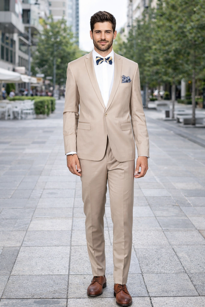 Beige Slim Fit Suit for Men by Rossiman Rossi ?? Tailored Skinny Fit Formal Suit