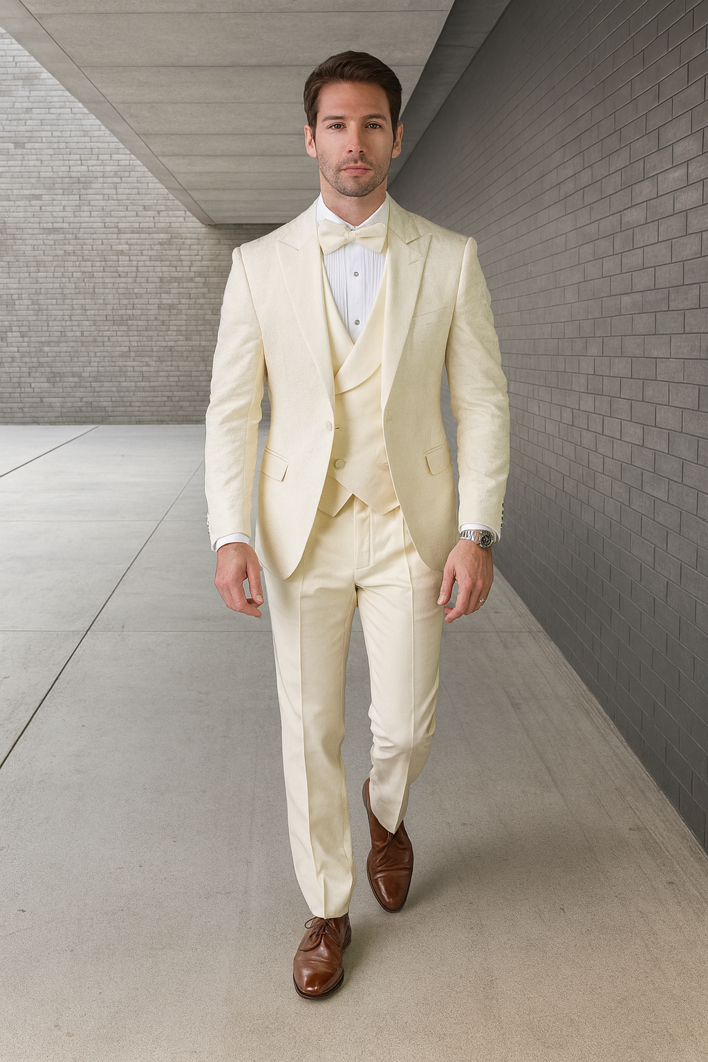 Mens One Button Peak Lapel Paisley Tuxedo in Ivory