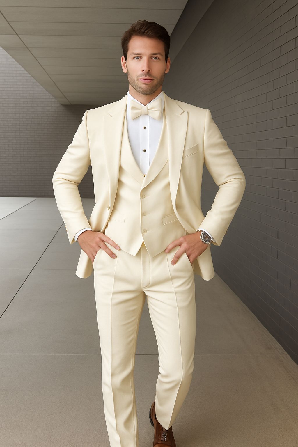 Mens One Button Peak Lapel Paisley Tuxedo in Ivory