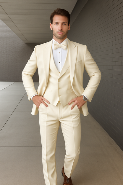 Mens One Button Peak Lapel Paisley Tuxedo in Ivory