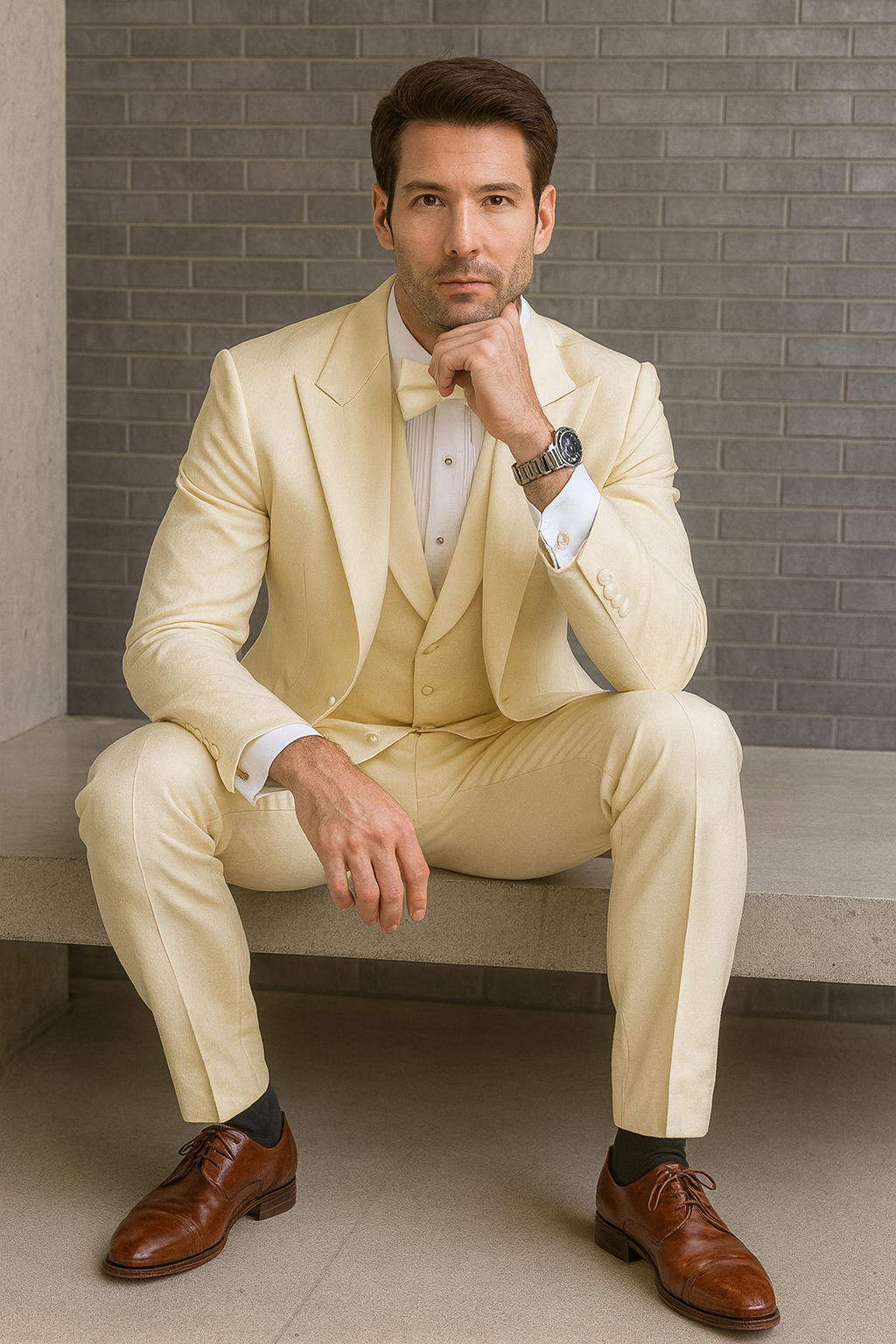 Mens One Button Peak Lapel Paisley Tuxedo in Ivory