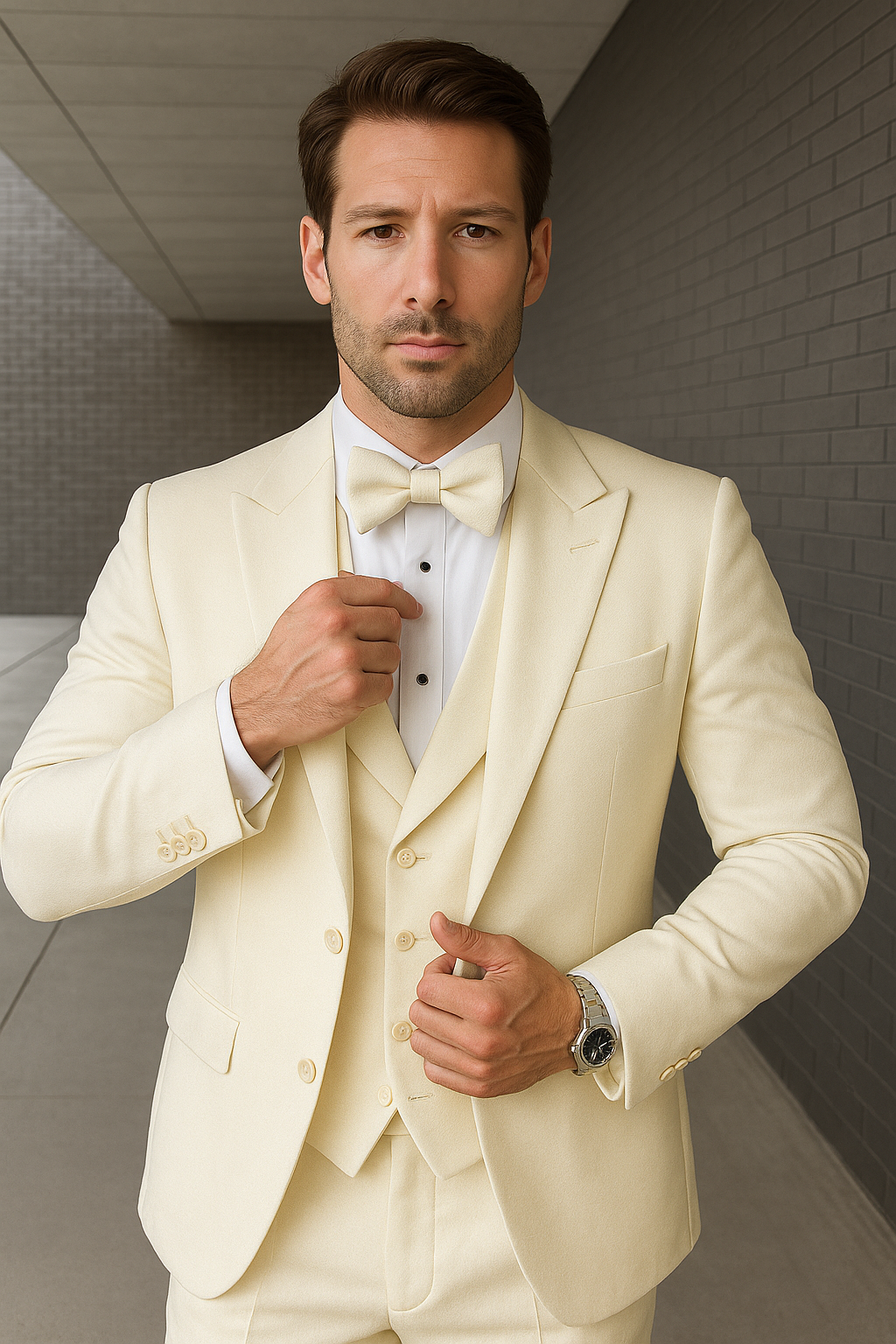 Mens One Button Peak Lapel Paisley Tuxedo in Ivory