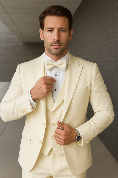 Mens One Button Peak Lapel Paisley Tuxedo in Ivory