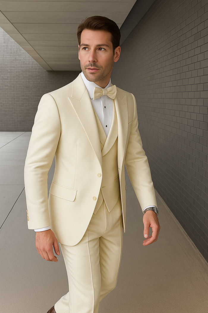 Mens One Button Peak Lapel Paisley Tuxedo in Ivory