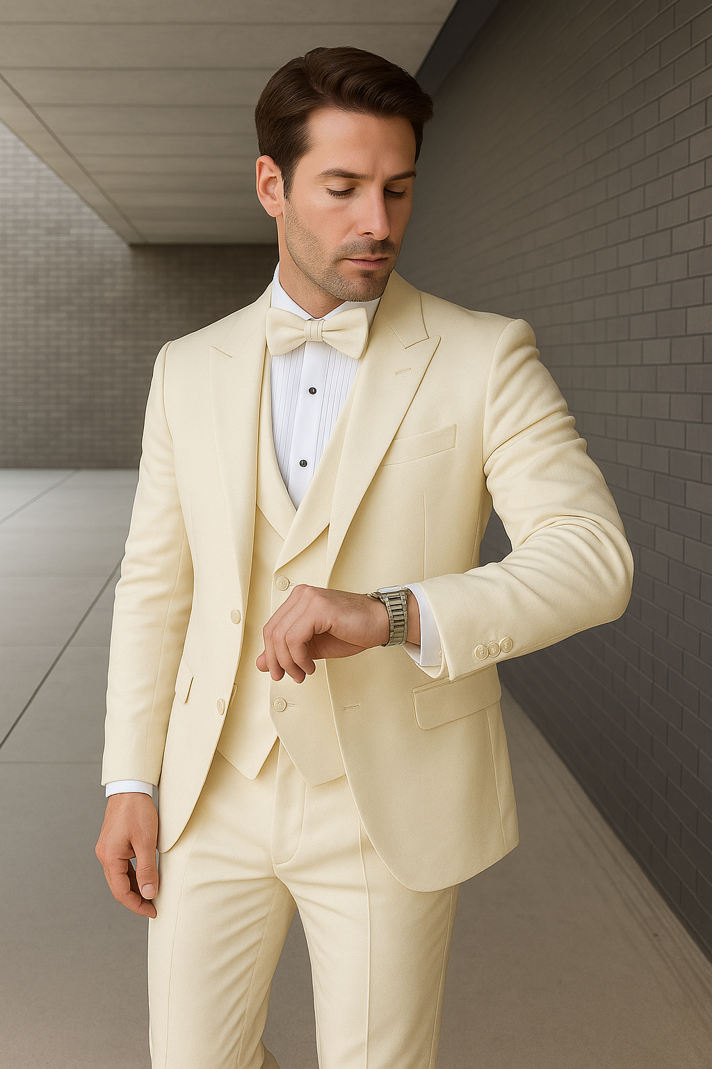 Mens One Button Peak Lapel Paisley Tuxedo in Ivory