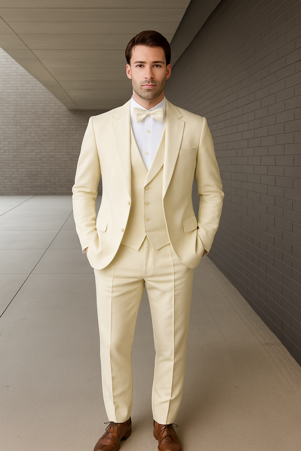 Mens One Button Peak Lapel Paisley Tuxedo in Ivory