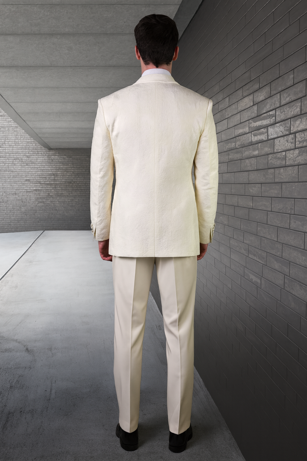 Mens One Button Peak Lapel Paisley Tuxedo in Ivory