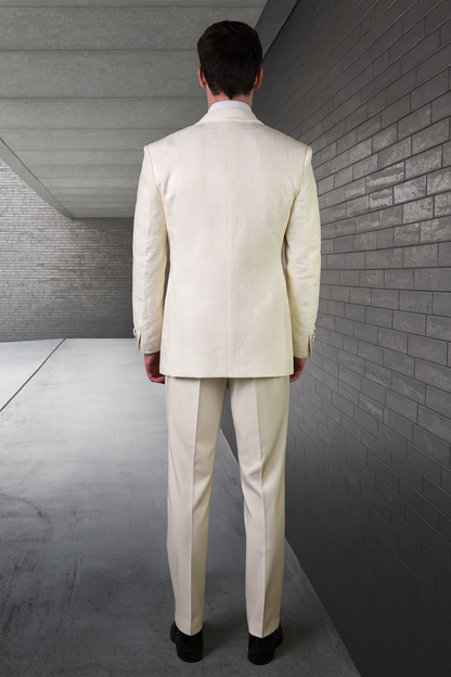 Mens One Button Peak Lapel Paisley Tuxedo in Ivory