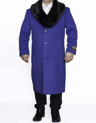 Mens Overcoat - Topcoat For Men - Winter Fabric - Big and Tall Large Ankle length Man ~ Plus Size Removable Fur Collar Overcoat Three Button Long men's Dress Topcoat - Winter coat 4XL 5XL 6XL Royal Blue Full Length 48 Long - Men's Tuxedo USA